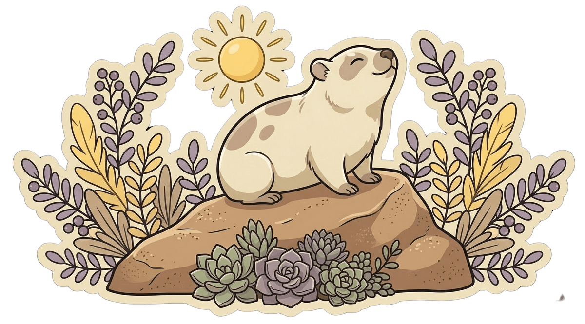 A dassie sunning itself on a rock surrounded by succulents